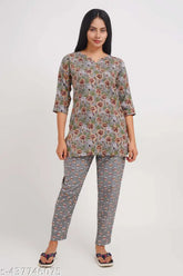 Women's beautiful floral printed rayon night suit with three-quarter sleeves, rayon bottom, and various sizes available for purchase
